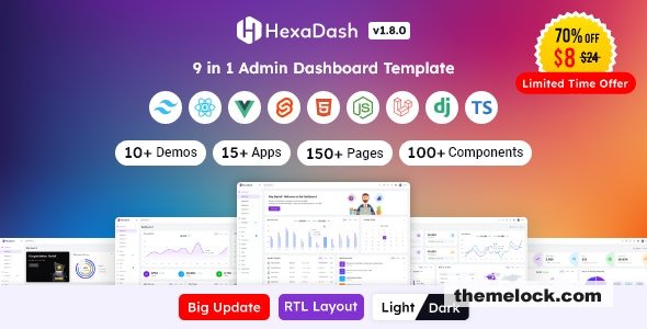 HexaDash v1.8.0 - Tailwind CSS, React, Svelte, Vue, Laravel, Nodejs, Django & HTML Admin Dashboard Template